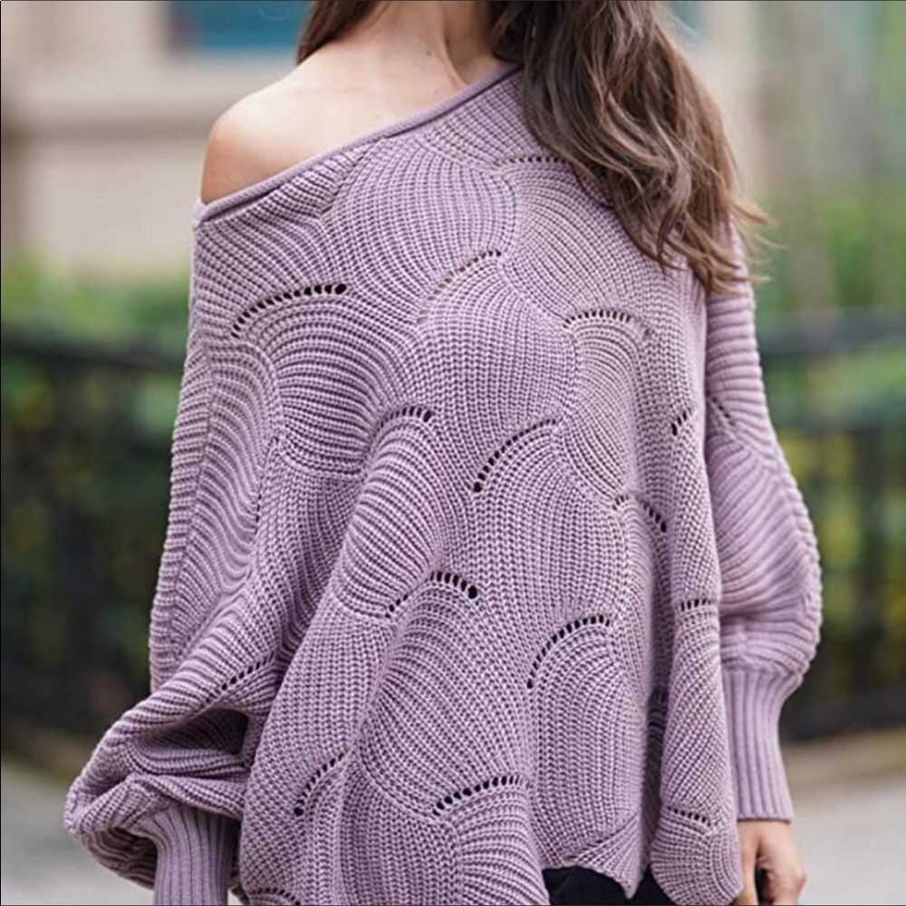 NEW Purple Oversized Scallop Crochet Knit Sweater - Picture 9 of 11
